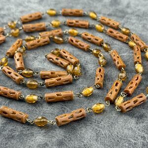 Carved Celluloid Brown Beads Necklace Faux Wood Early Plastic Art Deco VTG 26"
